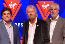 Tom McAlpin CEO & President, Sir Richard Branson Founder Virgin, Stuart Hawkins SVP Marine & Technical at the rollout of the new name and logo for Virgin Voyages