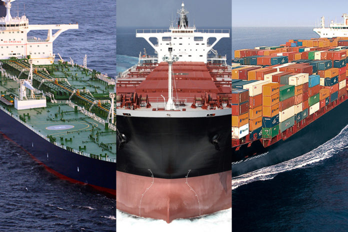 Bulker Tanker Containerschiff Symbolbild für Schifffahrtssegemente, Schiffbau, Neubauaufträge, Seehandel