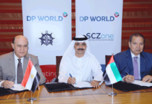 Sultan Ahmed Bin Sulayem (DP World Group Chairman and CEO) with Admiral Mohab Mamish (Chairman of the Suez Canal Economic Zone) and Rear Admiral Mohamed Ahmad Ibrahim Youssef (Chairman of the Holding Company of Maritime and Land Transport)