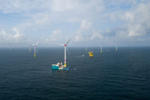 Turbine installation at North Sea wind farm Deutsche Bucht
