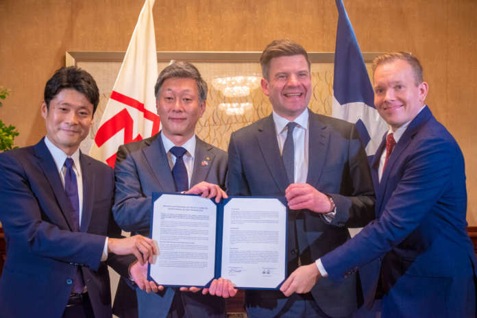 From left: Masashi Kobayashi, Department Manager of the Ship Department of Marubeni Corporation, Kosuke Takechi, COO of Marubeni Corporation, Lasse Kristoffersen CEO and President of Klaveness and Michael Jørgensen, Head of Dry Bulk at Klaveness