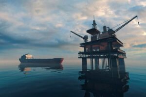 Förderplattform im Meer, im Hintergrund ein Schiff