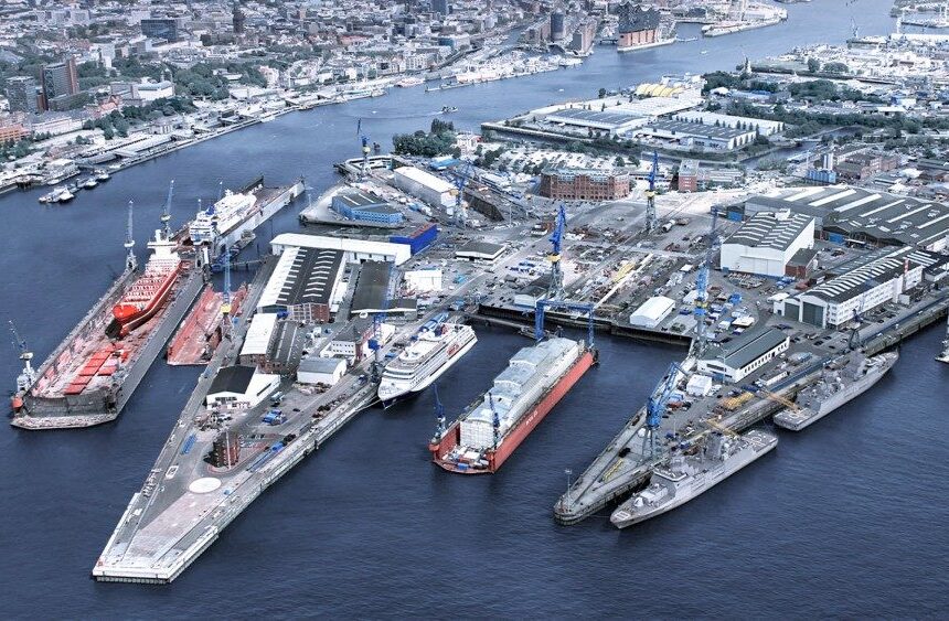 NVL: Luftaufnahme der Werft in Hamburg-Steinwerder mit mehreren großen Docks, Schiffen im Bau oder in Reparatur sowie Hallen- und Werkstattgebäuden am Ufer