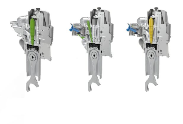 Der Zylinderkopf ist bereits für Betrieb mit beziehungsweise Umrüstungen auf Flüssigkraftsoff (links), Dual Fuel (Mitte) oder Gas (rechts) vorbereitet © ABC