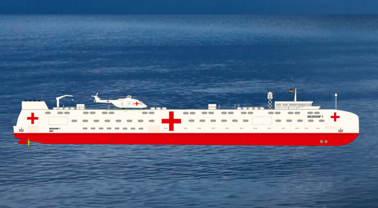Bei dem »Mediship« handelt es sich um ein voll ausgestattetes, seegängiges Hospitalschiff von 118 m Länge, das auch kleine Häfen anlaufen kann (© Mediship)