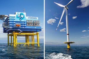 Die Abbildung zeigt Modelle von möglichen Produktionsplattformen für Offshore-Wasserstoff: Links ist eine zentrale Produktion auf einer einzelnen Plattform. Rechts ist eine dezentrale Produktion auf einzelnen Windturbinen. Quelle: Aquaventus Förderverein e.V.