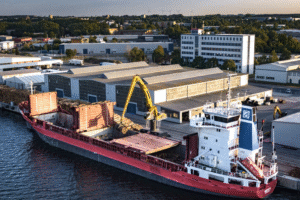Ein Schiff im Hafen von Rostock