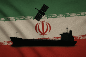 EIn Tanker, eine Flagge des iran und ein Satellit
