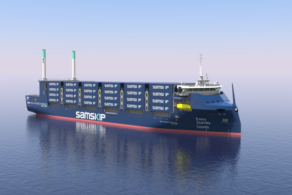 Ein Rendering eines neuartigen Containerschiffs