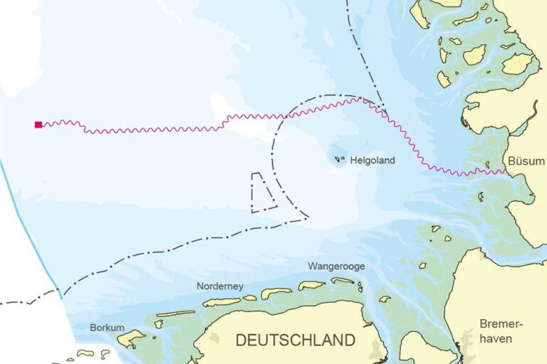 Nordwestlich von Norderney: Die Lage von Nordlicht I in der Nordsee (rotes Quadrat) sowie das Kabel