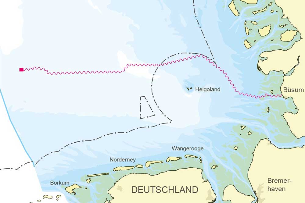 Nordwestlich von Norderney: Die Lage von Nordlicht I in der Nordsee (rotes Quadrat) sowie das Kabel