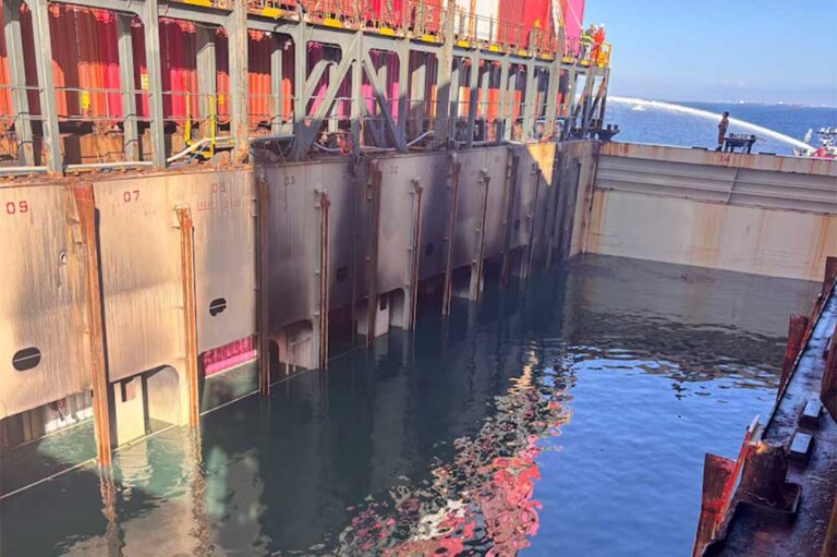 Die Bergungsarbeiten an der "ONE Henry Hudson" dauern nach dem Ausbruch des Feuers im Hafen von Los Angeles an (© US Coast Guard)
