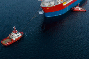 Ein Schiff und Schlepper