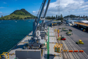 Reefer, Kühlschiff, “Whero” im Hafen Tauranga, Neuseeland (Urheber: Vinnie Maniot, Liquid Pictures)