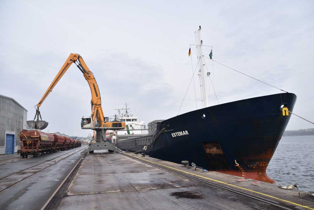Umschlag am Rostocker Fracht- und Fischereihafen, Hafenbagger und Frachtschiff