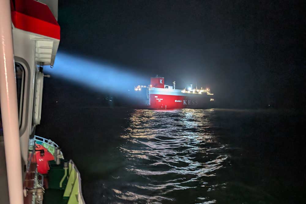 Autotransporter „Thames Highway“ bei Nacht