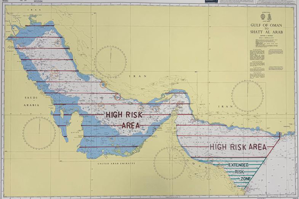 „High Risk Area“ im Persischen Golf, Straße von Hormus, Iran