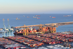 Ein Containerschiff beim löschen von Containern im Hafen von Barcelona (© Wygand)