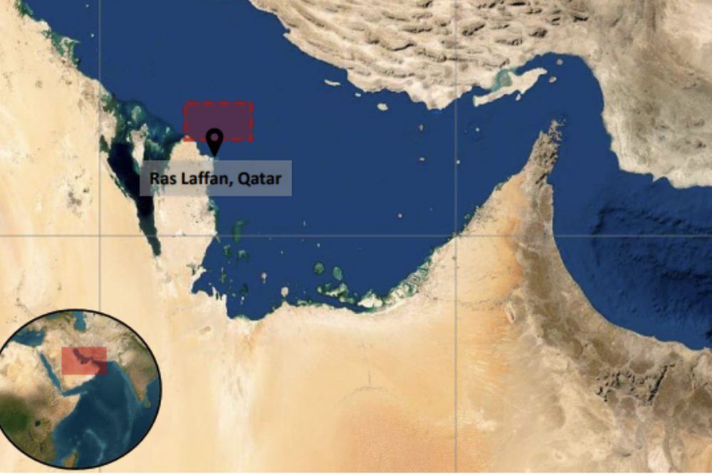 Eine Landkart mit Kennzeichnung des Punktes, wo die Rakete ins Schiff eingeschlagen ist