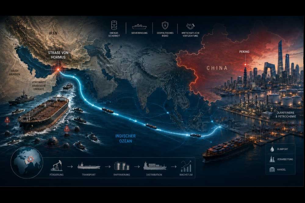 KI-generierte Karte des Indischen Ozeans; ein Schiff fährt von der Straße von Hormus bis nach Peking