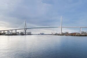 Ein Entwurf der neuen Köhbrandbrücke im Hamburger Hafen