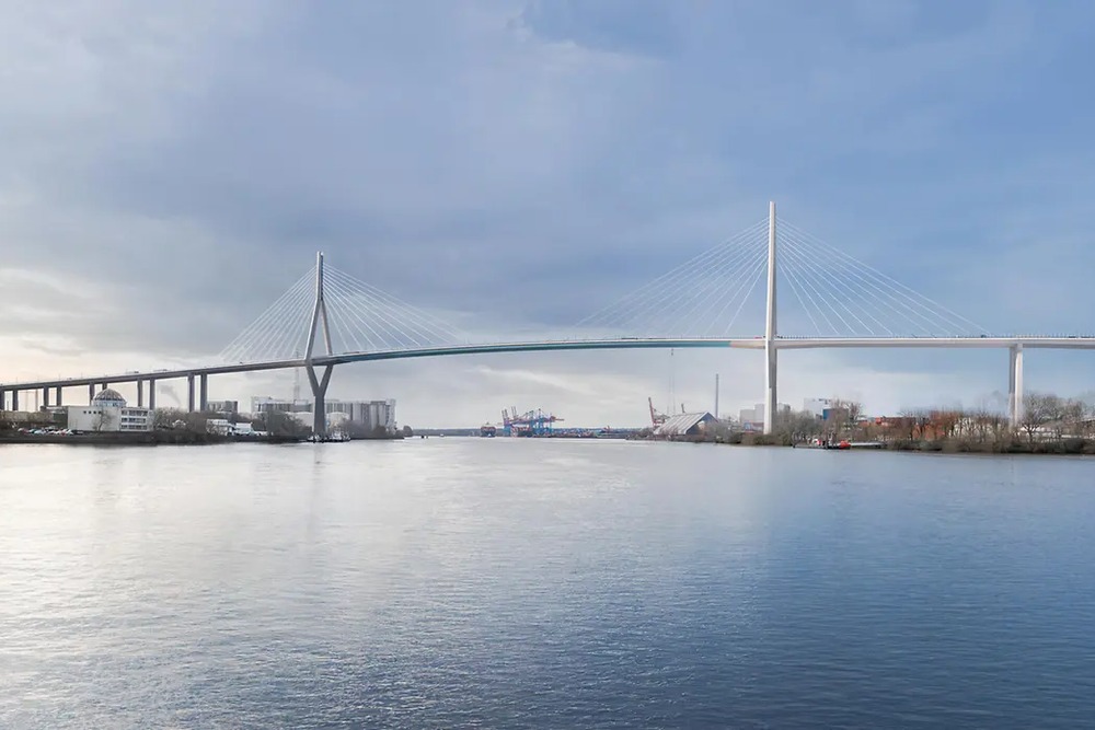 Ein Entwurf der neuen Köhbrandbrücke im Hamburger Hafen
