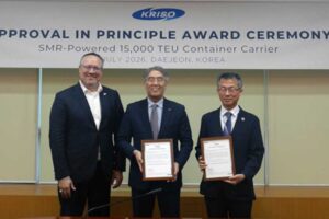 Patrick Ryan, ABS Senior Vice President and Chief Technology Officer; Keyyong Hong, KRISO President; and Jinyoung Cho, KAERI Senior Vice President, Advanced Nuclear Reactor Lab.