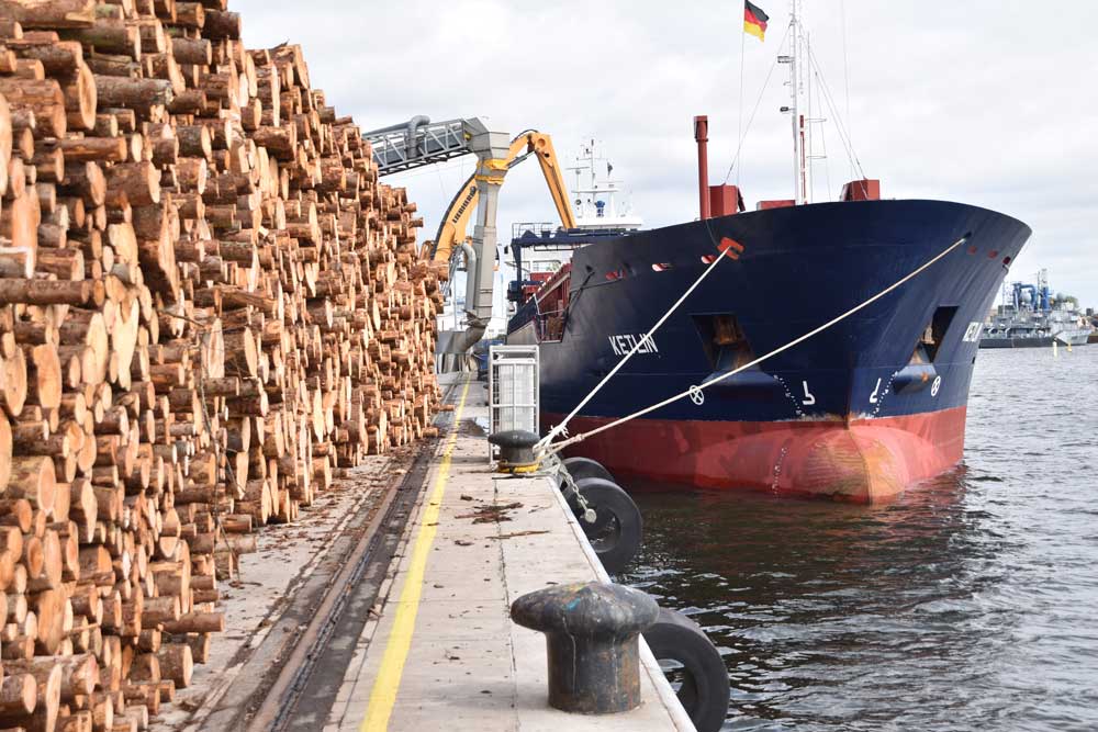 Schiff am Rostocker Fracht- und Fischereihafen, links im Bild Holzstapel an der Kaikante