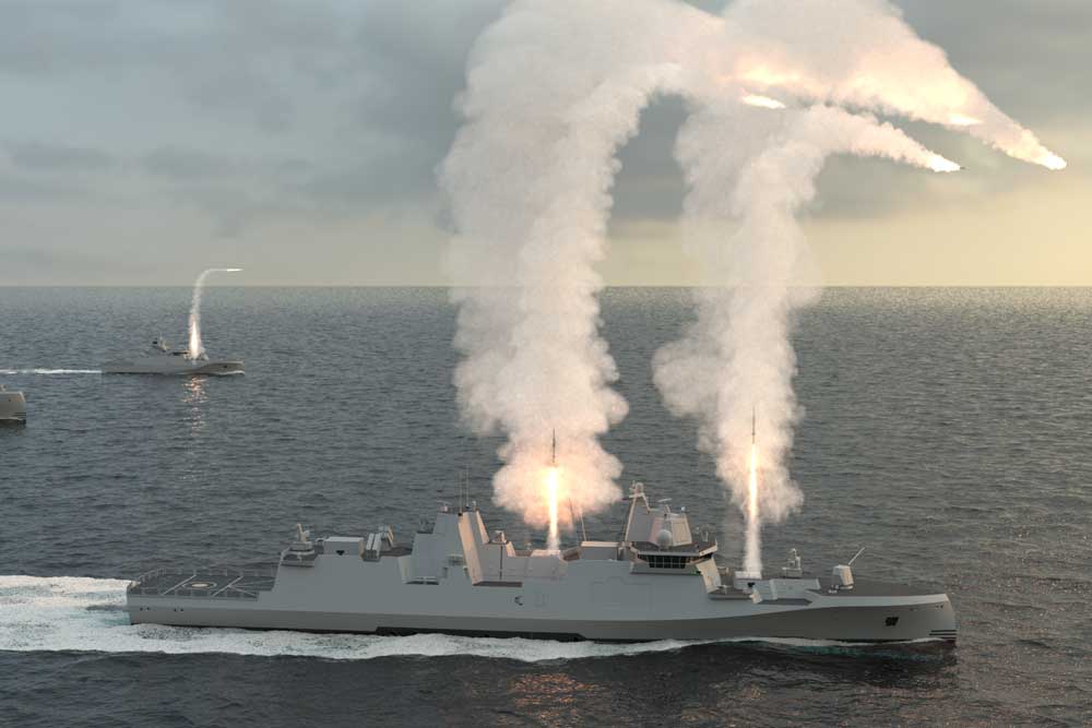 Die 140 m lange Fregatte ist ausgelegt für Einsätze in hochkomplexen Bedrohungsszenarien (© Rheinmetall)