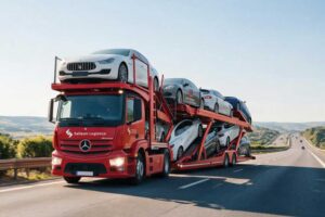 Das Bild zeigt einen mit Autos beladenen Autotransporter auf einer Straße