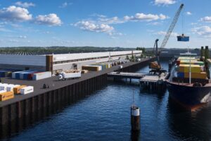 Visualisierung des geplanten Logistikzentrums in der Hamburger Seehafenstraße (© HGK/ Four Parx)