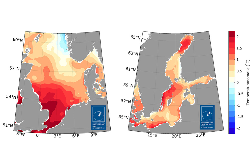 Abweichung des Sommermittels der Oberflächentemperaturen in 2026 zum langjährigen Sommermittel von 1997 bis 2021 für die Nordsee (links) und für die Ostsee (rechts); (Quelle: BSH)