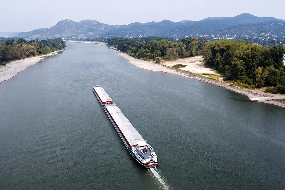 Niedrigwasser am Rhein bei Bad Honnef: Sinkende Wasserstände begrenzen die Beladung der Güterschiffe. Die Aufnahme entstand im August 2026. Seitdem hat sich die Situation nur zweitweise entspannt(© Wygand)