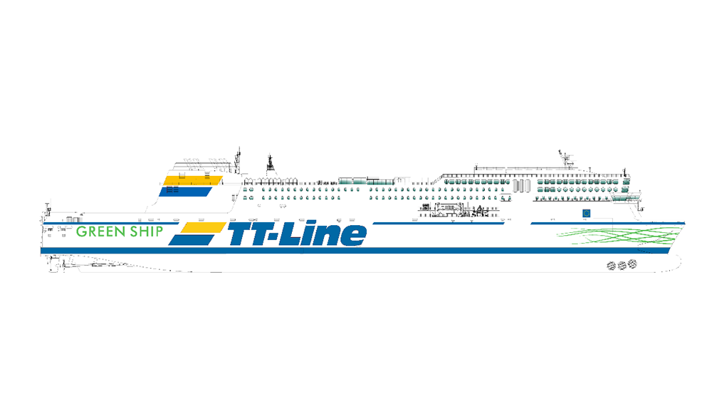 Visualisierung der neuen batterie-hybriden LNG-Fähre Green Ship 2.0 von TT-Line mit Frachtdecks im Ostseeverkehr