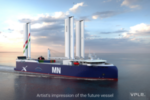 Der geplante RoRo-Frachter von Compagnie Maritime Nantaise soll bis 2030 in Fahrt kommen. Drei OceanWings-Flügelsegel unterstützen den Transport von Raumfahrtgütern mit Windkraft. Visualisierung