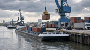 Multimodales Container-Terminal im Hafen mit Kränen, Güterwagen, Binnenschiff und Lkw zur Hinterlandanbindung
