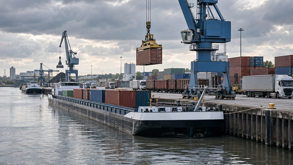 Multimodales Container-Terminal im Hafen mit Kränen, Güterwagen, Binnenschiff und Lkw zur Hinterlandanbindung