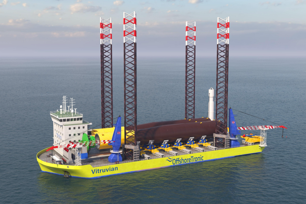 Rendering des geplanten Monopile-Installationsschiffs der "Vitruvian"-Klasse, das Deltamarin und Offshoretronic gemeinsam entwickeln. (© Deltamarin/Offshoretronic)