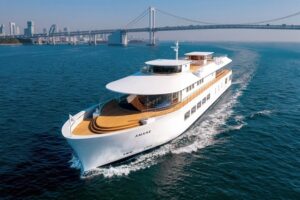 Der neue NYK-Kreuzfahrt-Neubau »Amane« beim Stapellauf auf der Maehata-Werft in Sasebo (© NYK)