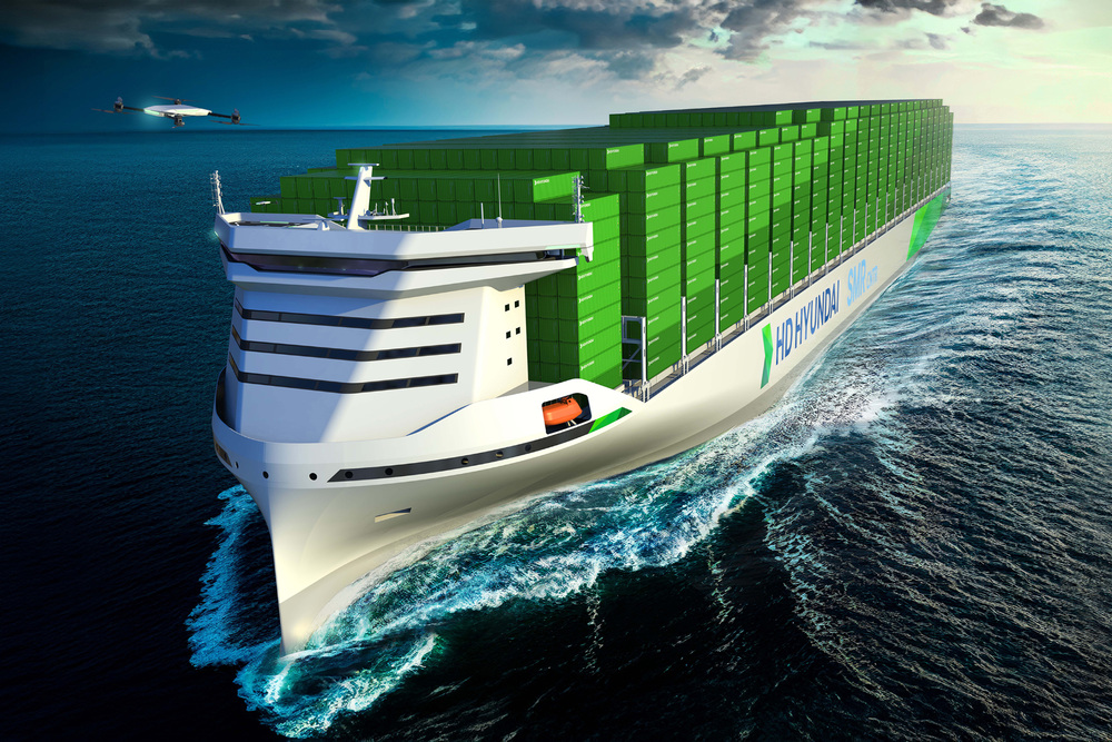 Visualisierung eines mit einem Small Modular Reactor (SMR) betriebenen Containerschiffs für 15.000 TEU von HD Korea Shipbuilding & Offshore Engineering. Laut einer aktuellen UCL-Studie könnte der Nuklearantrieb ab 2040 unter bestimmten Bedingungen wirtschaftlich konkurrenzfähig werden (© HD Hyundai)